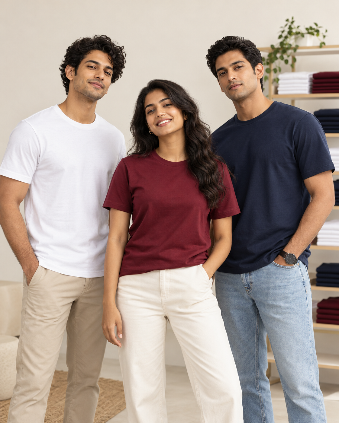 Three people wearing plain white, burgundy and navy round-neck T-shirts in a retail studio.