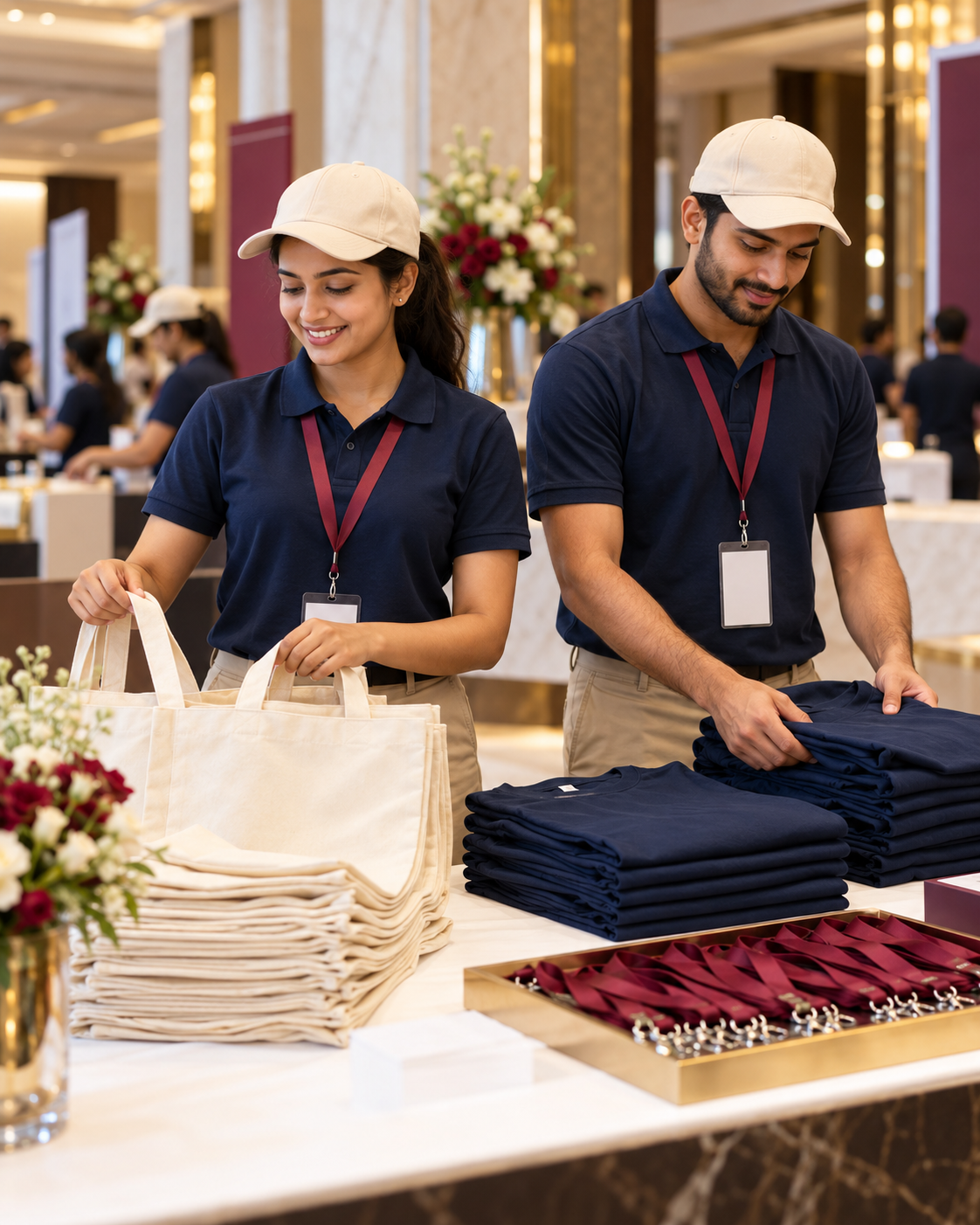 Two event crew members in navy polos and caps arranging tote bags, folded shirts and lanyards at a venue counter.