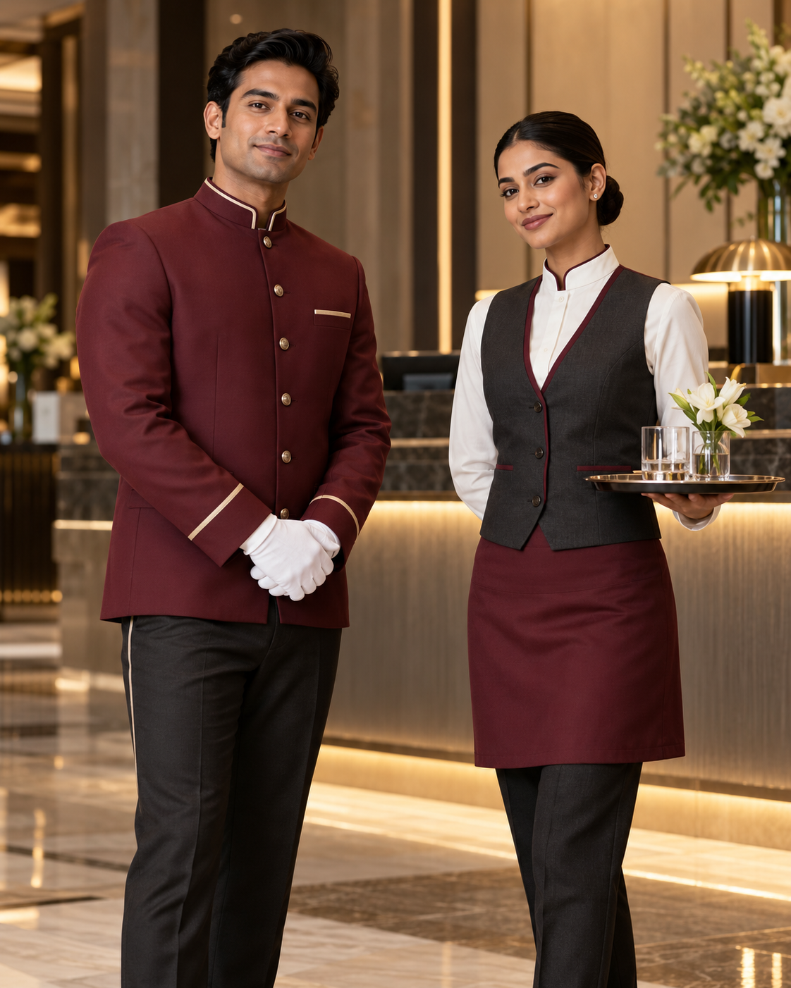 A bell-desk attendant in a burgundy bandhgala and a service associate in a waistcoat standing in a hotel lobby.