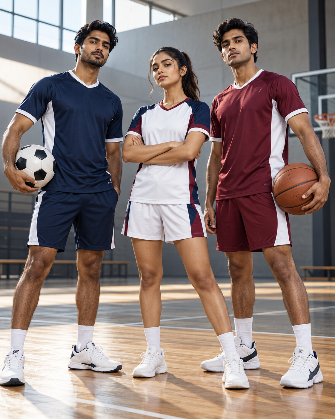 Three athletes in navy, white and burgundy team jerseys and shorts on an indoor court.